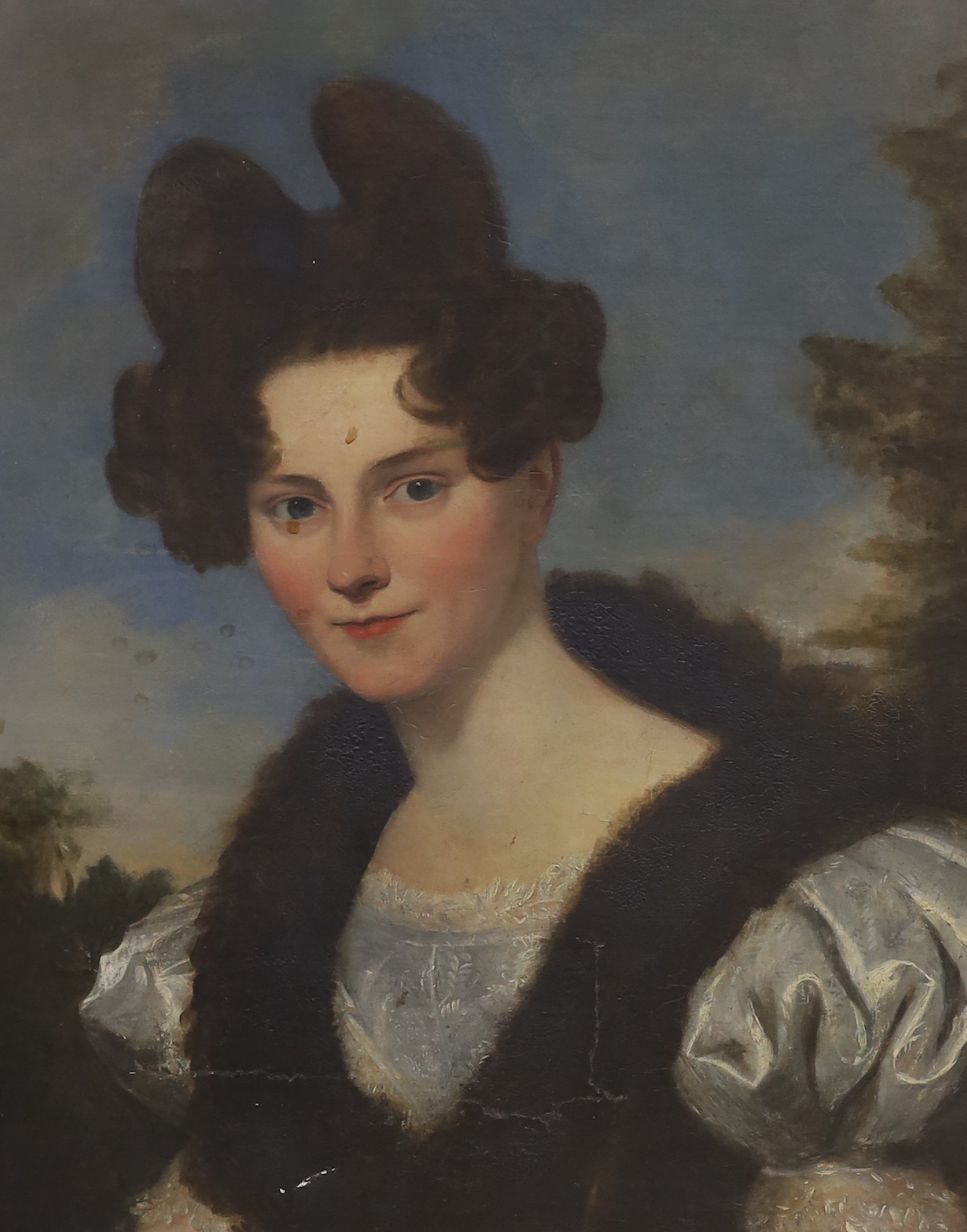 Victorian School, oil on canvas, Head and shoulders portrait of a lady wearing 1830's dress before a landscape, 60 x 50cm (a.f.)